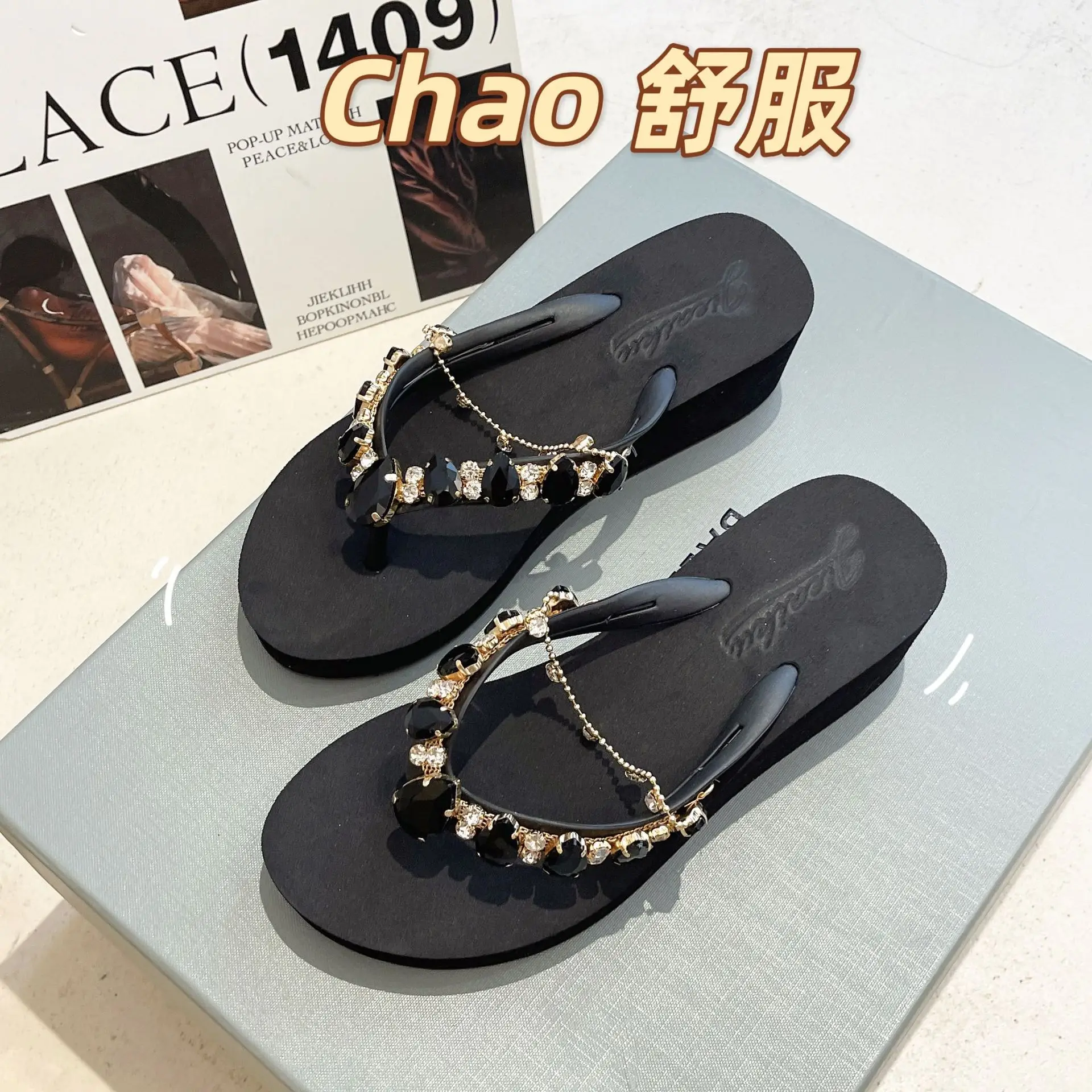2024 Rhinestone Flip Flops Women's Green Platform Wedge