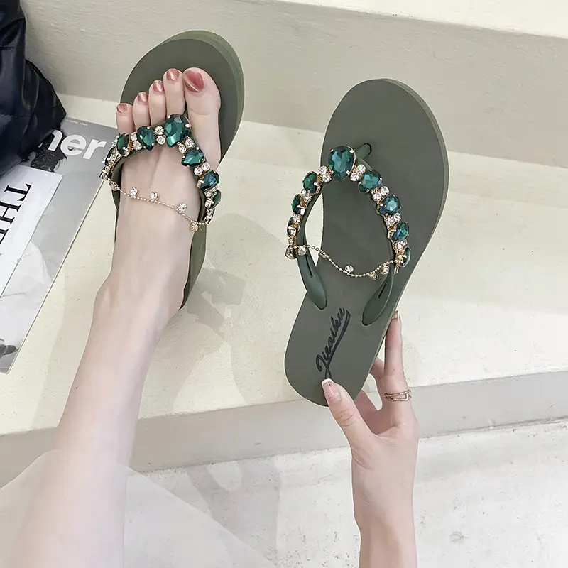 2024 Rhinestone Flip Flops Women's Green Platform Wedge