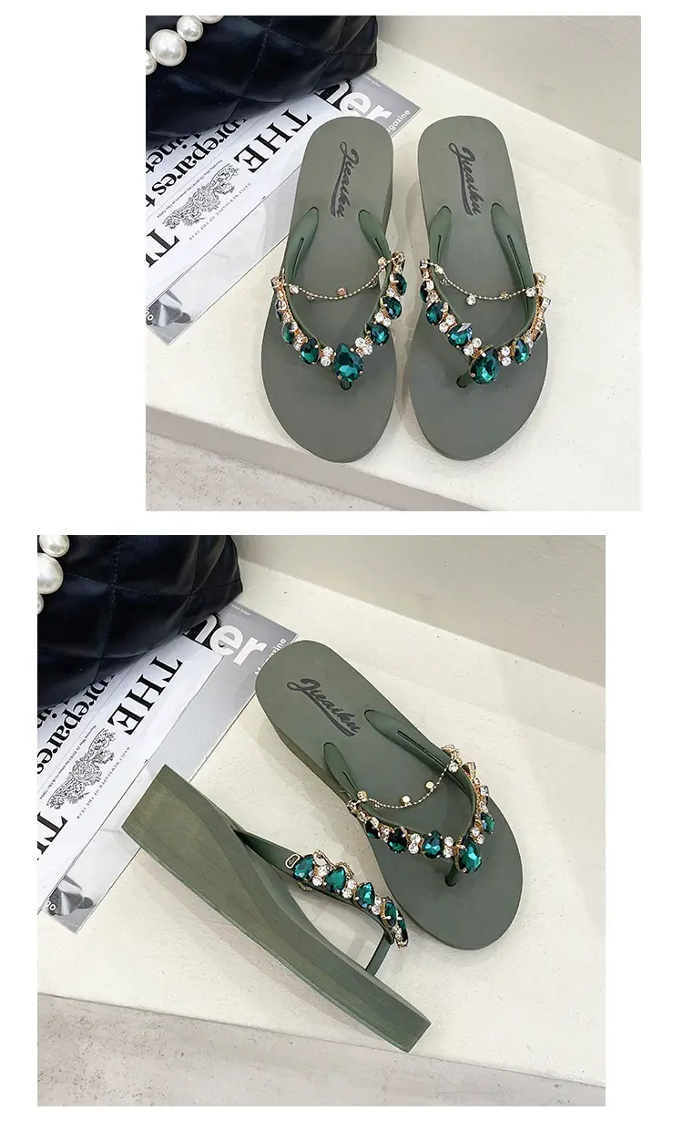 2024 Rhinestone Flip Flops Women's Green Platform Wedge — feature 12