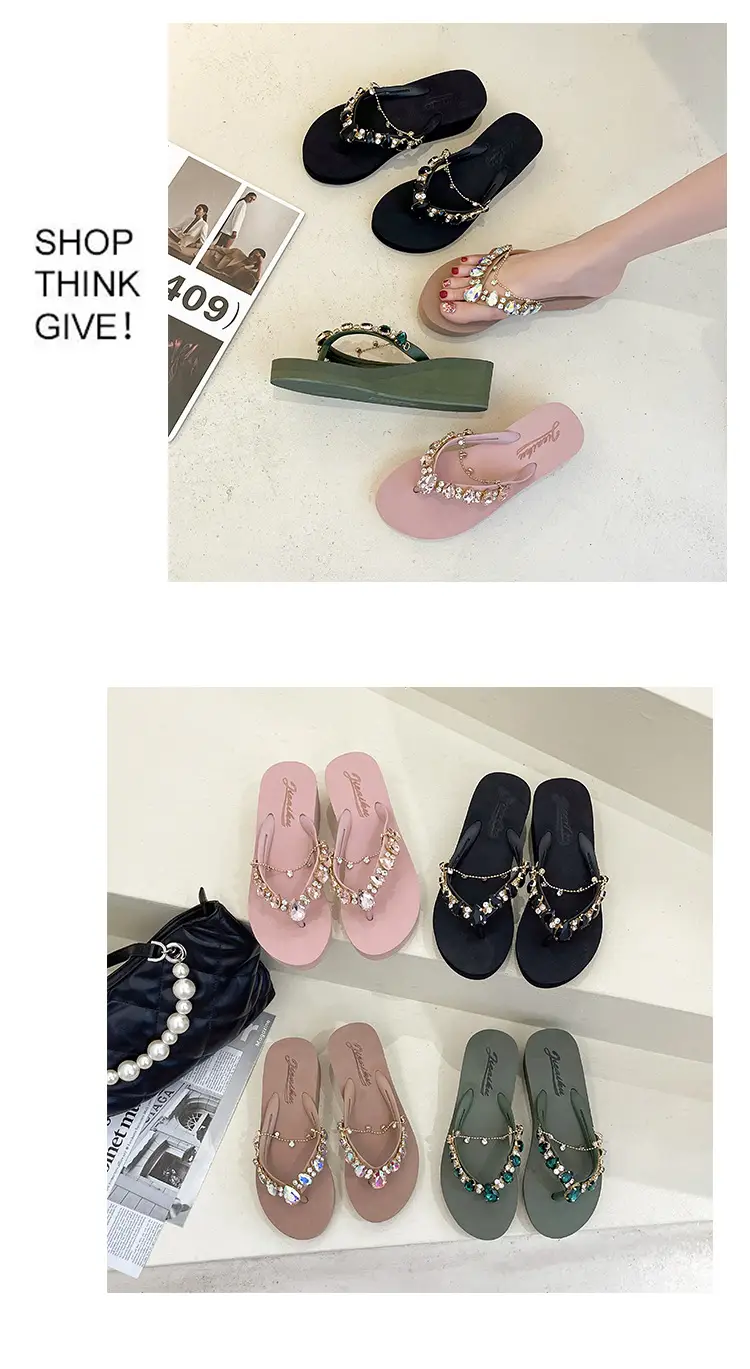 2024 Rhinestone Flip Flops Women's Green Platform Wedge — feature 17