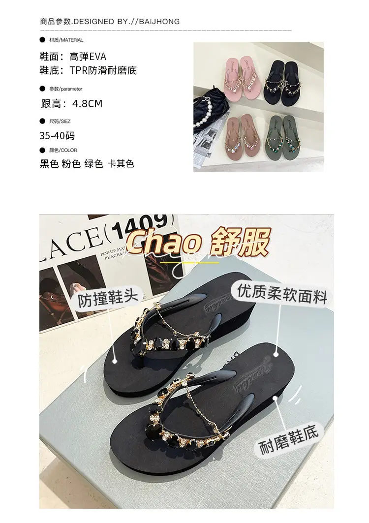 2024 Rhinestone Flip Flops Women's Green Platform Wedge — feature 5