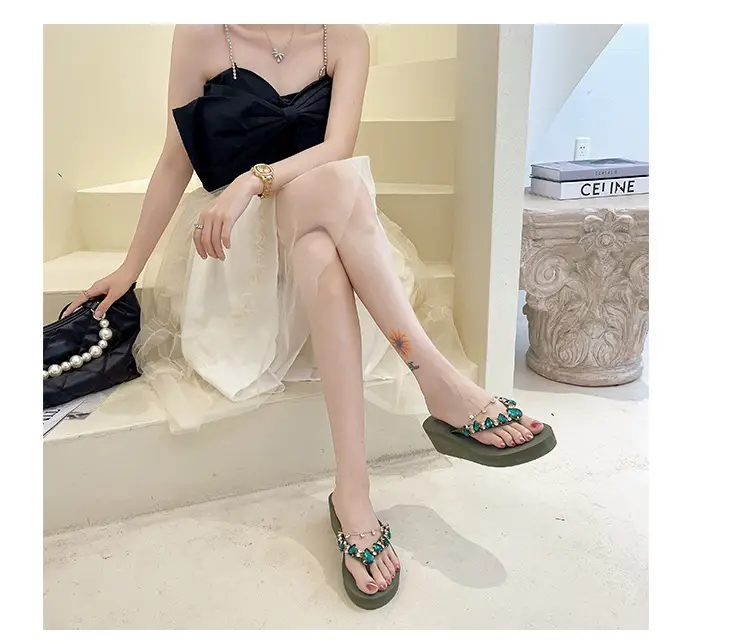2024 Rhinestone Flip Flops Women's Green Platform Wedge — feature 7