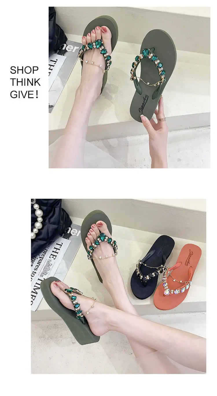 2024 Rhinestone Flip Flops Women's Green Platform Wedge — feature 9