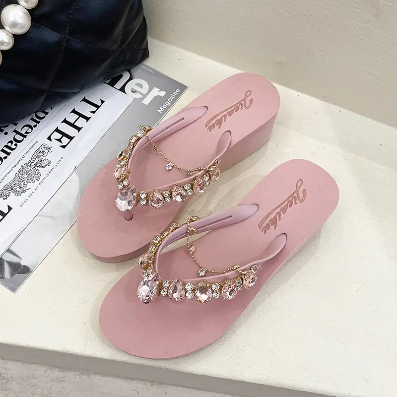 2024 Rhinestone Flip Flops Women's Green Platform Wedge