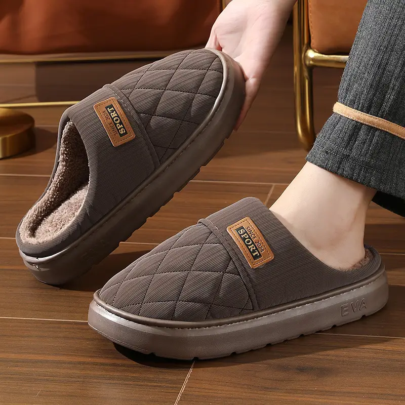 New in stock PU Cotton Slippers Men's plus size Home Indoor Thickened Warm Non-slip Casual All-match Slippers for Men — feature 7