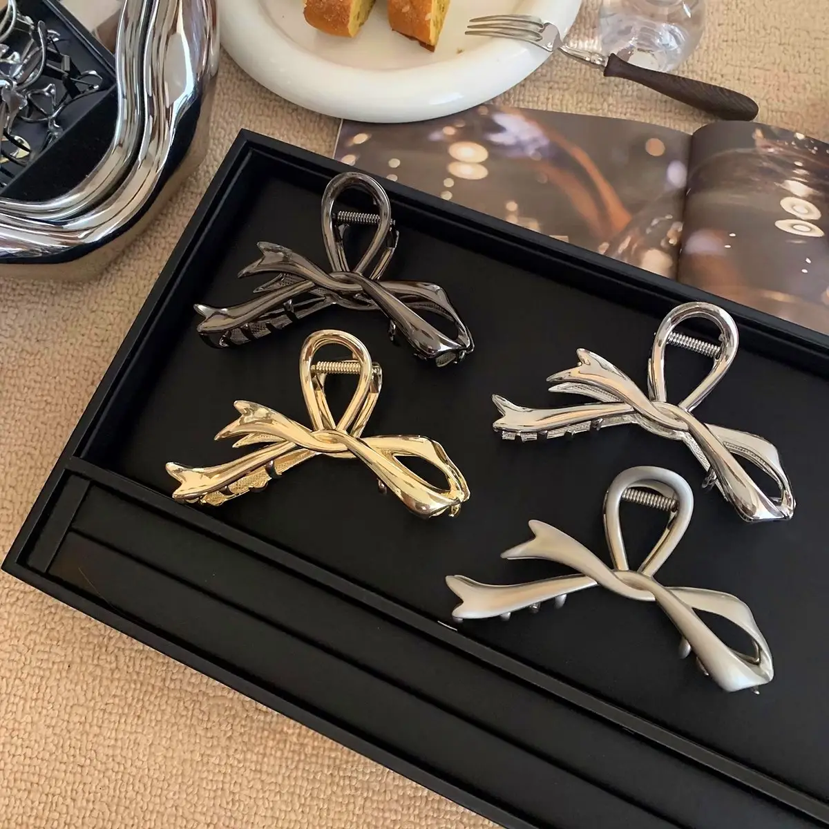 Gold Irregular Bow Hairpin for Women Summer Back Head Updo