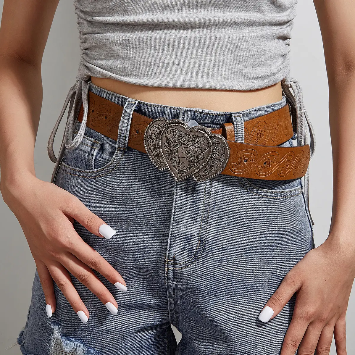 Brown Heart Buckle Belt for Women Men - Image 2
