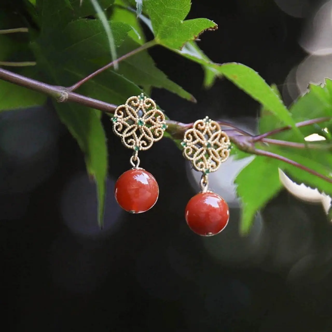 Natural South Red Agate Chinese Vintage Earrings - Image 2