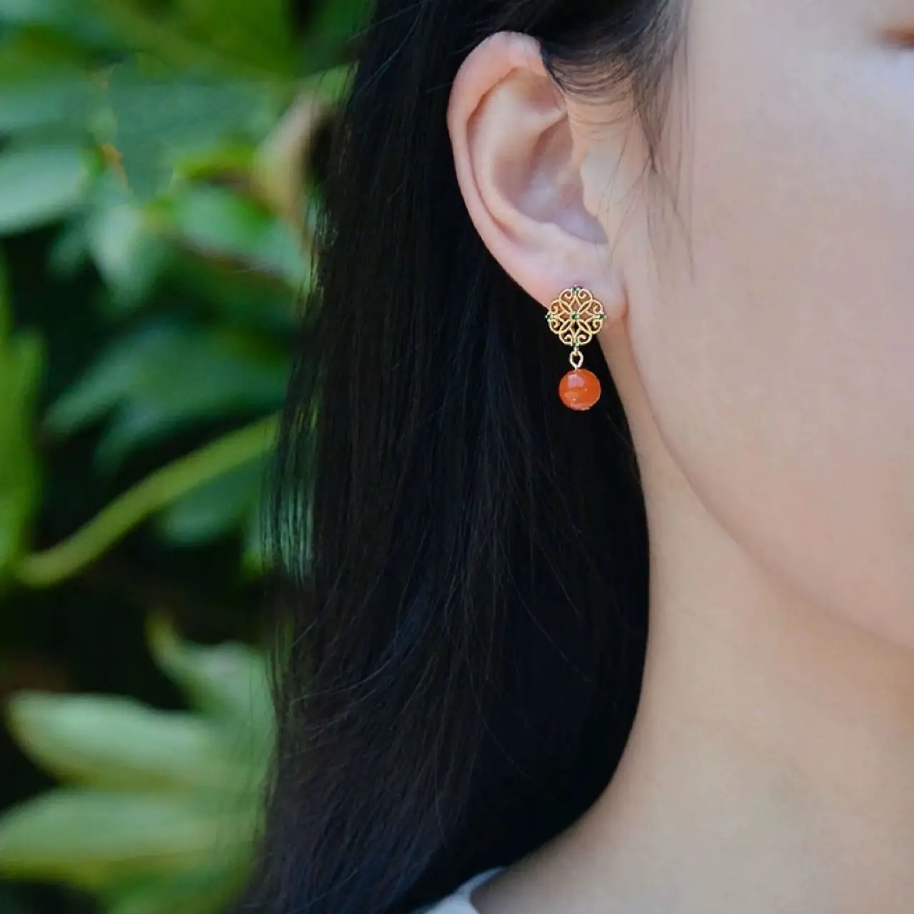 Natural South Red Agate Chinese Vintage Earrings - Image 3