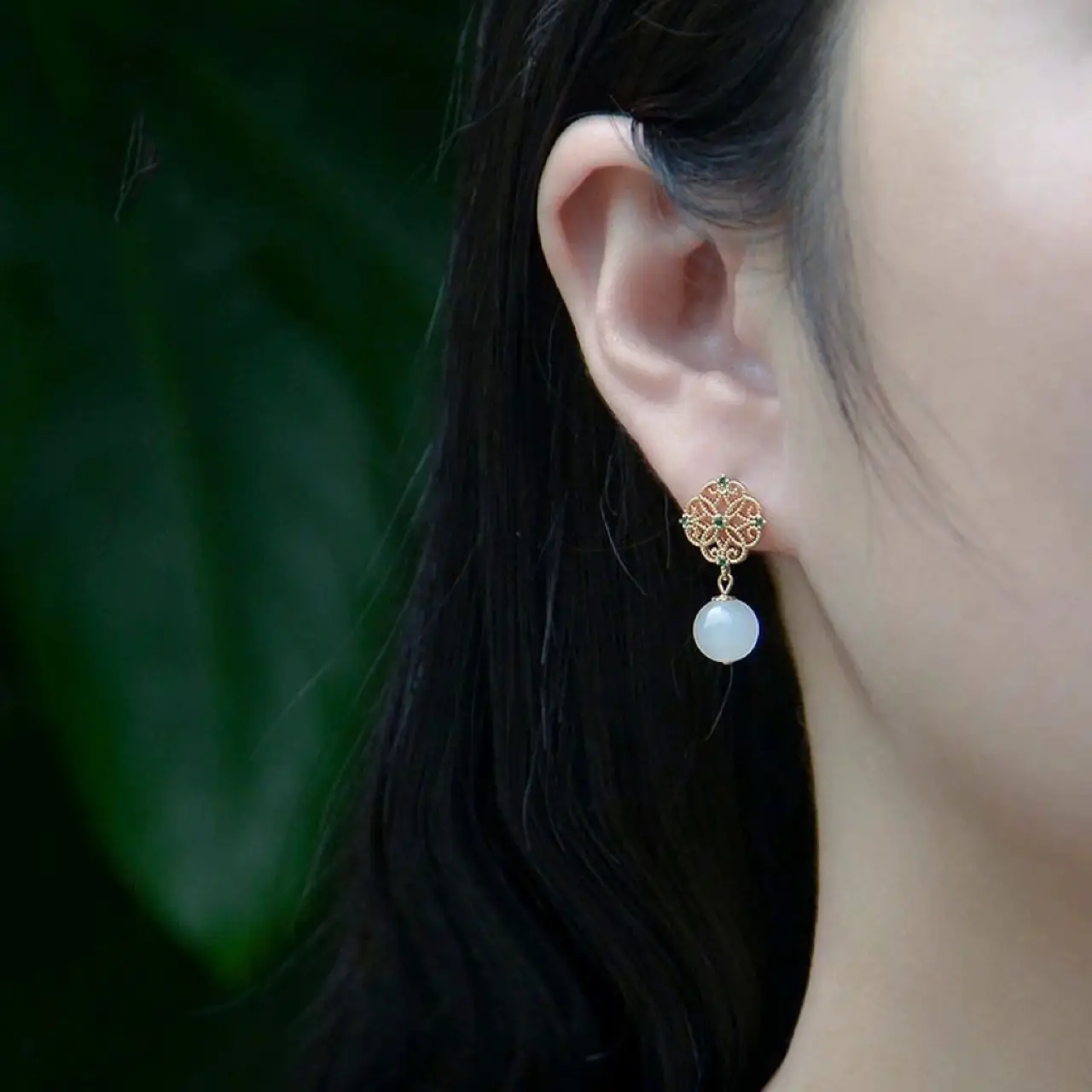 Copper Chinese Classical Earrings with White Jade Drop - Image 2