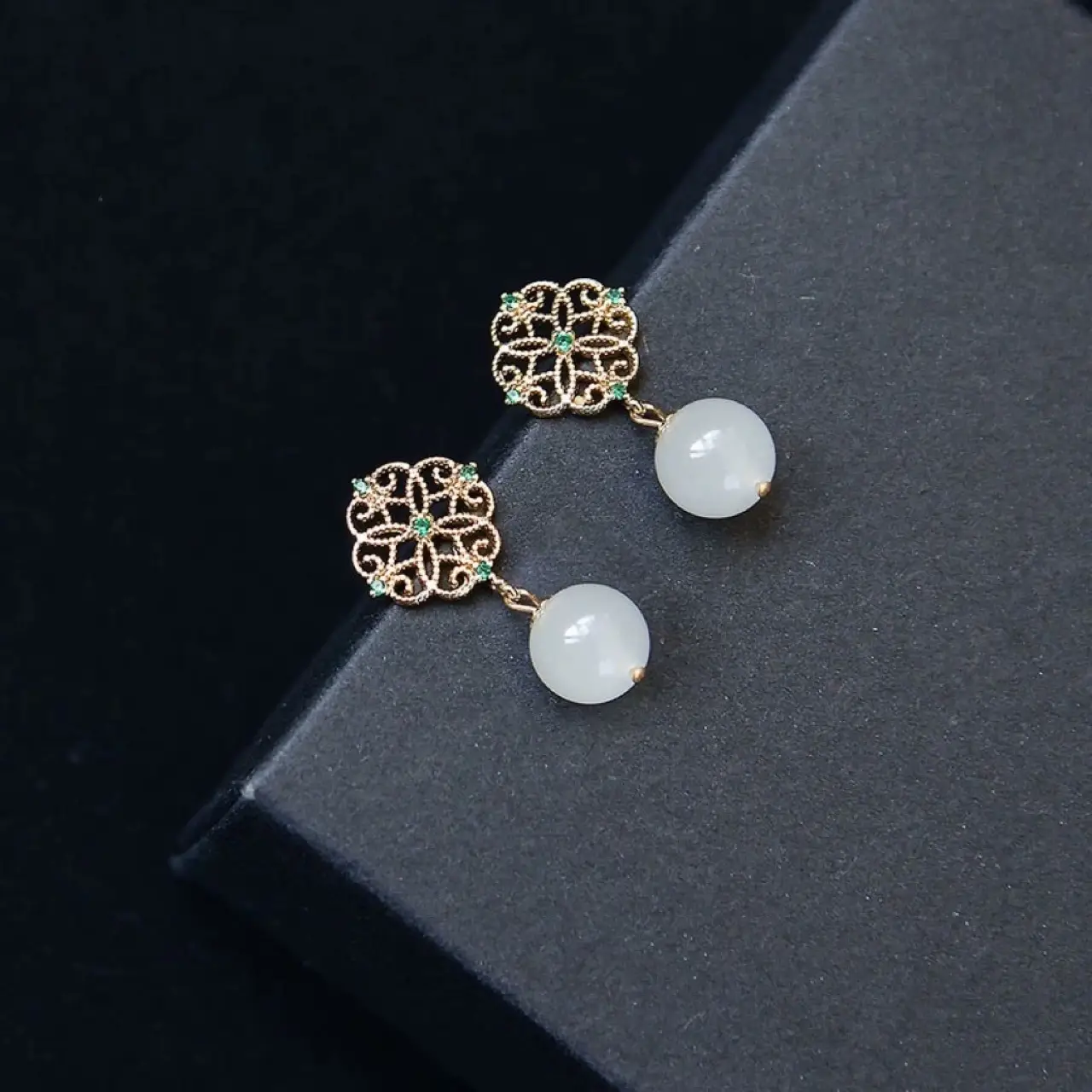 Copper Chinese Classical Earrings with White Jade Drop - Image 3