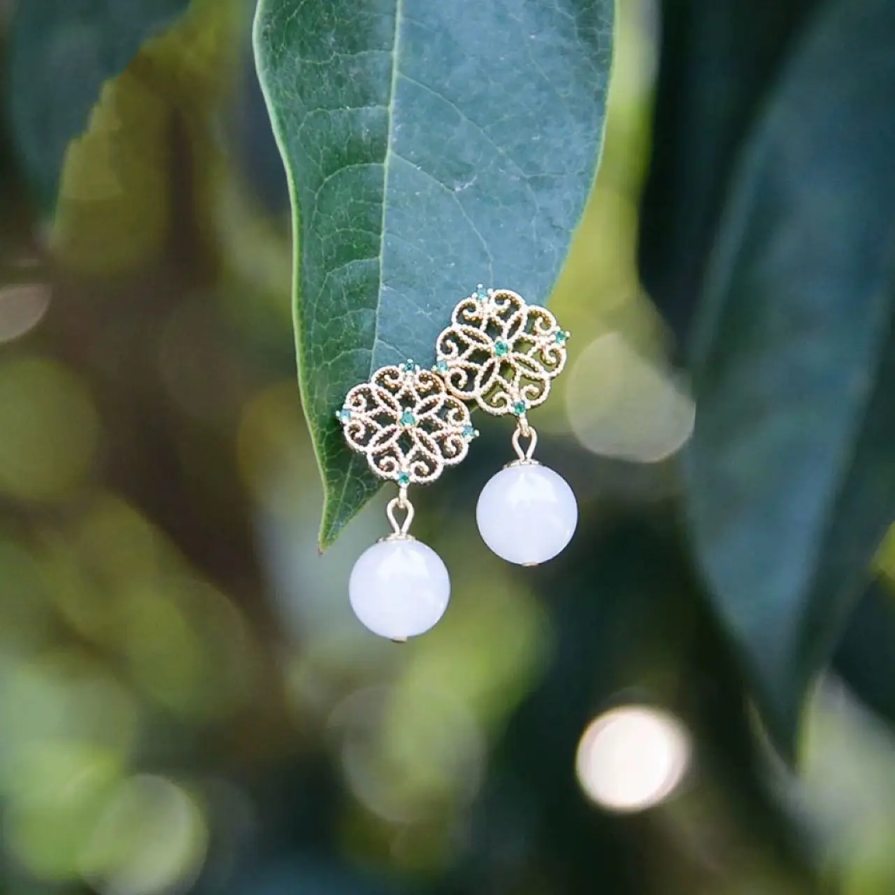 Copper Chinese Classical Earrings with White Jade Drop - Image 4