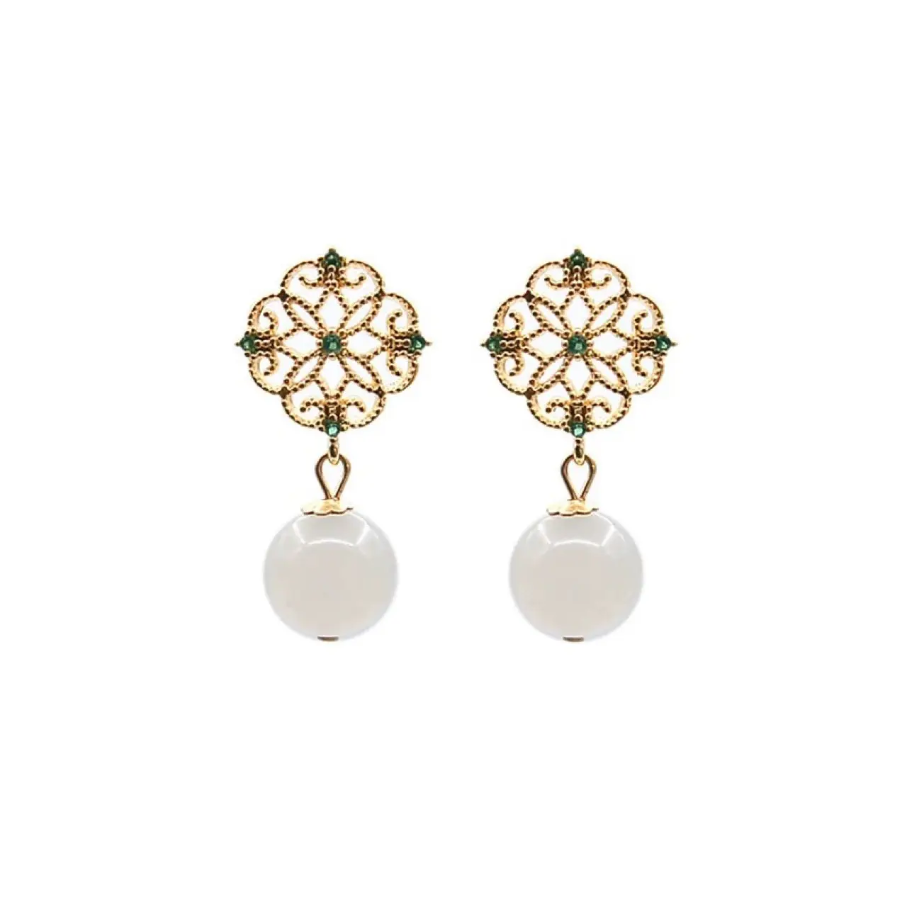Copper Chinese Classical Earrings with White Jade Drop - Image 5