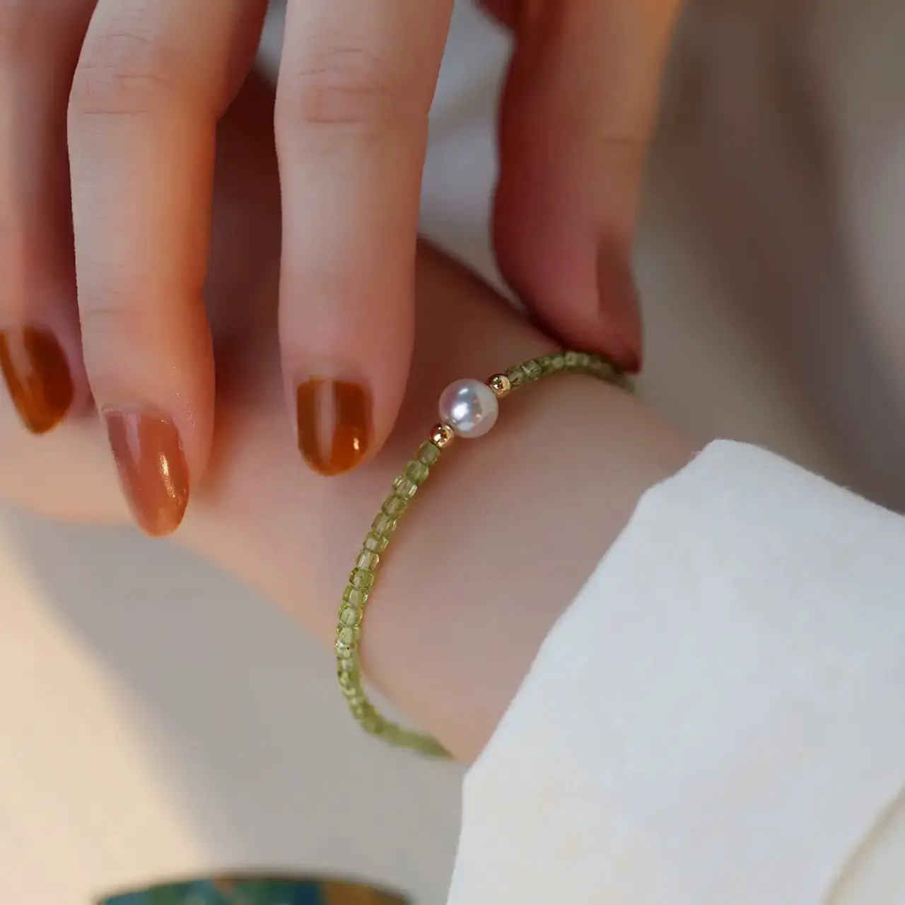14K Gold Pearl Bracelet for Women Green Crystal