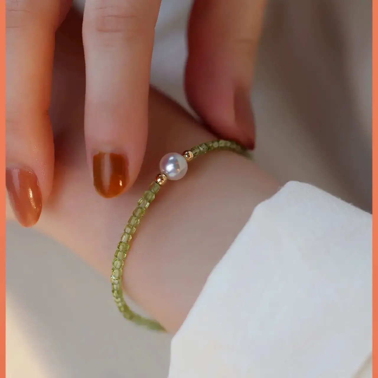 14K Gold Pearl Bracelet for Women Green Crystal