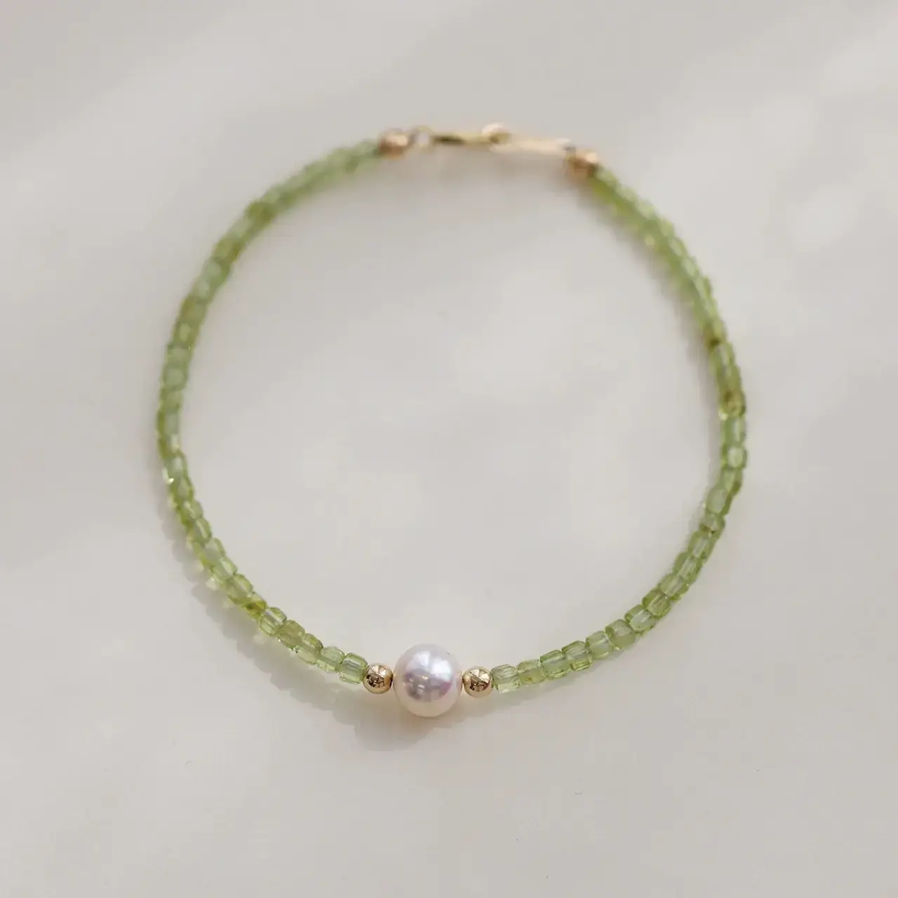 14K Gold Pearl Bracelet for Women Green Crystal