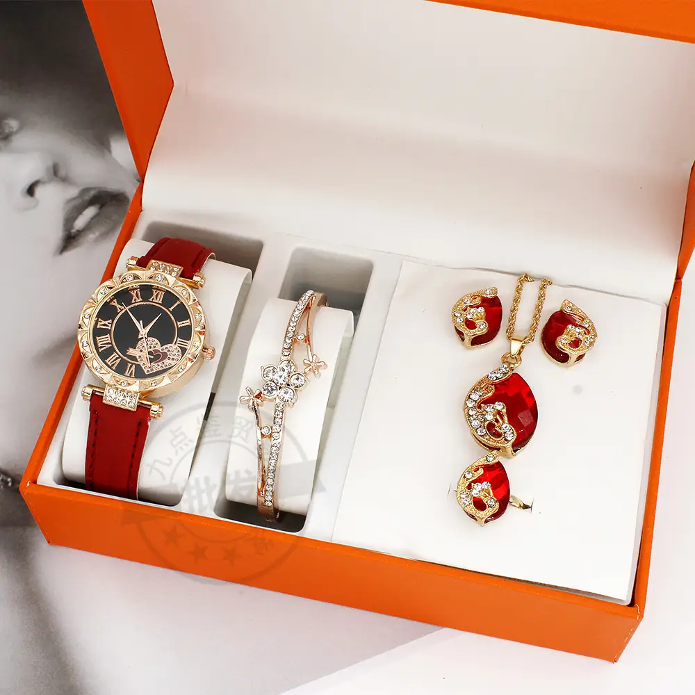 Ladies Watch Set with Red Crystal Earrings & Bracelet — feature 13