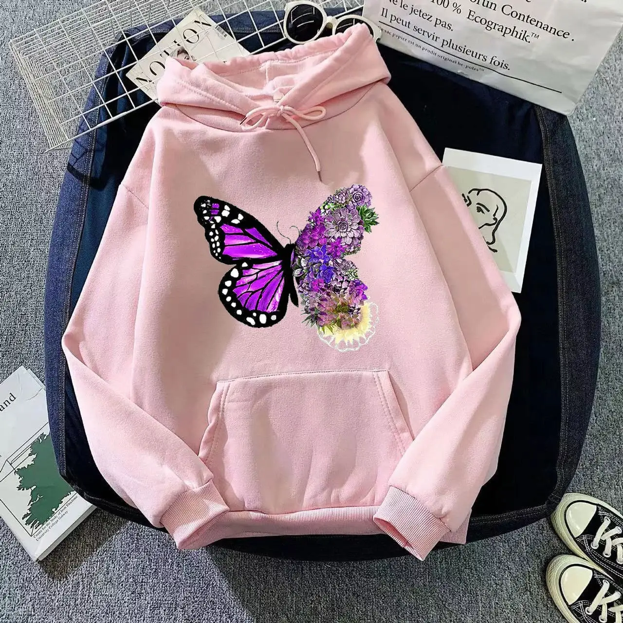 Pink Butterfly Hooded Fleece Sweatshirt Women — feature 10