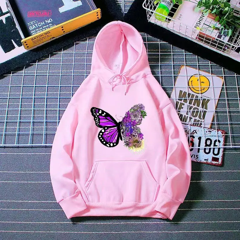 Pink Butterfly Hooded Fleece Sweatshirt Women — feature 13