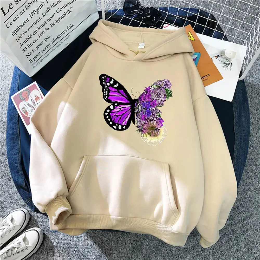 Pink Butterfly Hooded Fleece Sweatshirt Women — feature 5