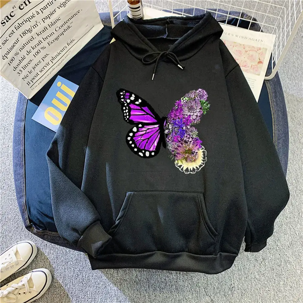 Pink Butterfly Hooded Fleece Sweatshirt Women — feature 7