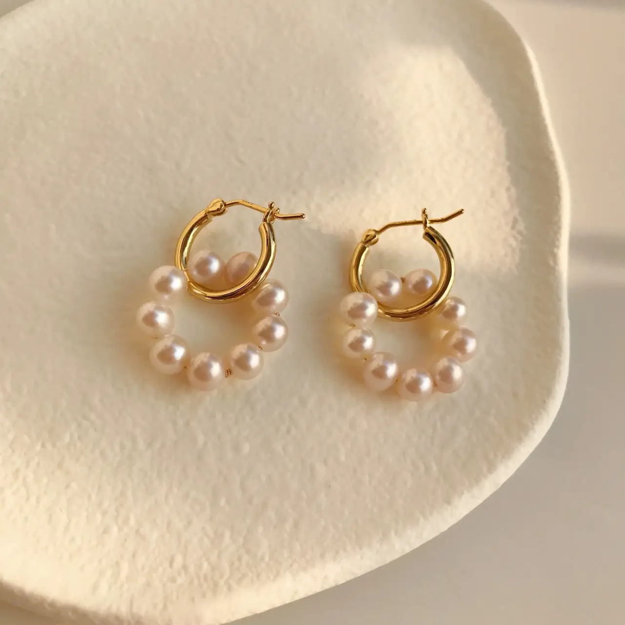 14k Gold Pearl Hoop Earrings for Women - Image 2