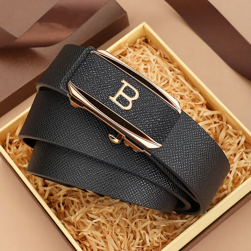Men's Black Automatic Buckle Leather Belt - Image 5