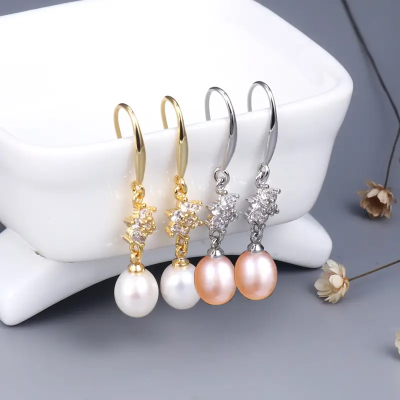 Snowflake Pearl Earrings Gold Silver Hook - Image 4