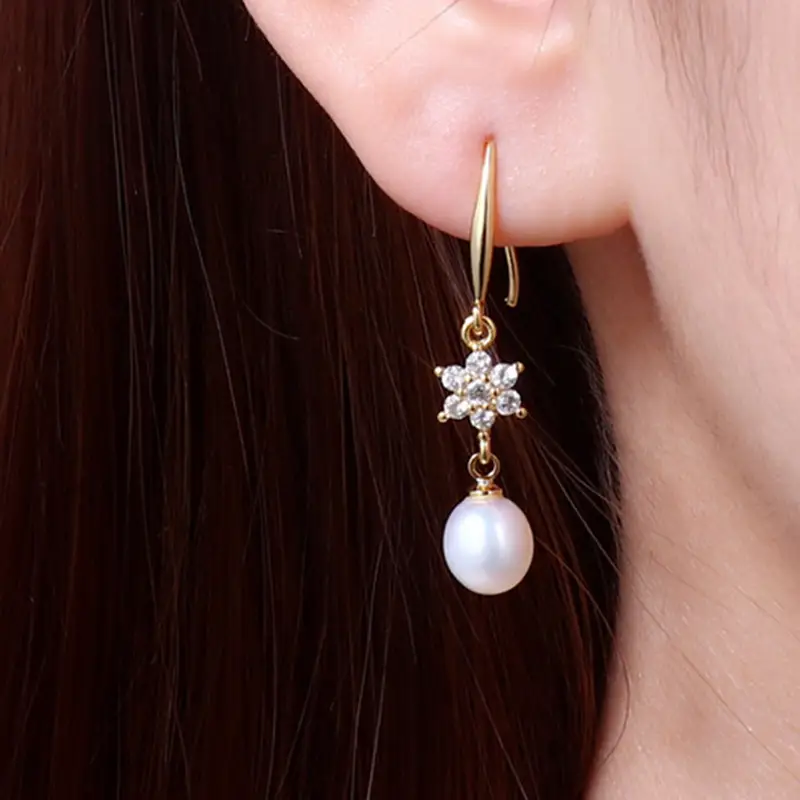 Snowflake Pearl Earrings Gold Silver Hook - Image 5