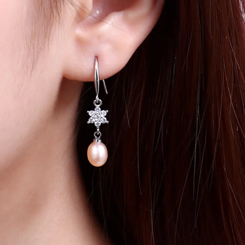 Snowflake Pearl Earrings Gold Silver Hook - Image 2
