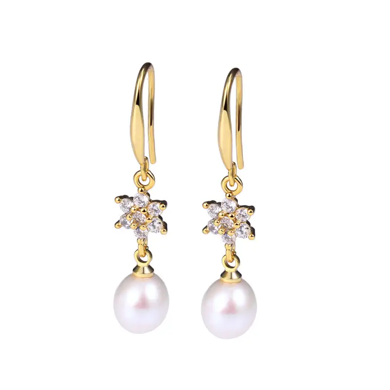 Snowflake Pearl Earrings Gold Silver Hook - Image 6