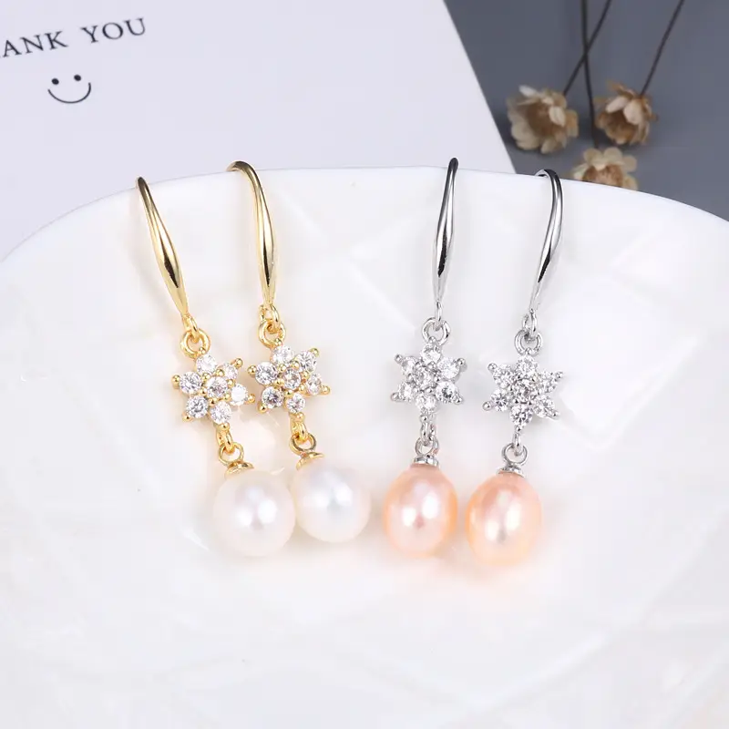 Snowflake Pearl Earrings Gold Silver Hook — feature 7