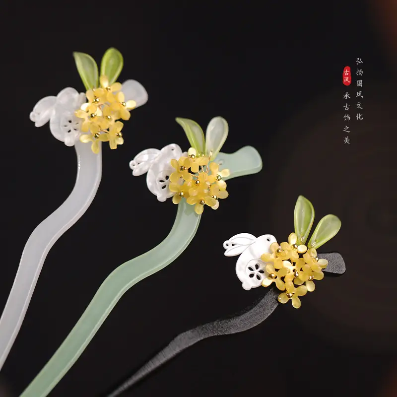 Retro Han Dynasty Hairpin Women Tassel Step Shake Jade Rabbit Osmanthus Hairpin Acetate Cheongsam Matching - Image 5