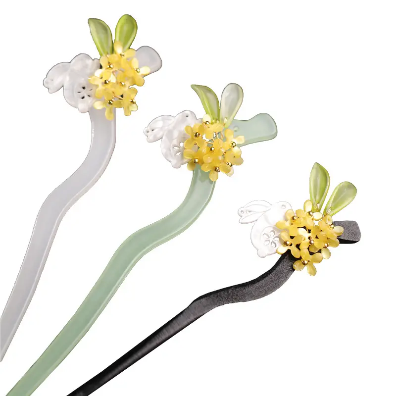 Retro Han Dynasty Hairpin Women Tassel Step Shake Jade Rabbit Osmanthus Hairpin Acetate Cheongsam Matching - Image 8