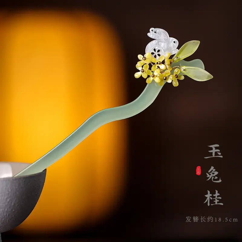 Retro Han Dynasty Hairpin Women Tassel Step Shake Jade Rabbit Osmanthus Hairpin Acetate Cheongsam Matching - Image 3