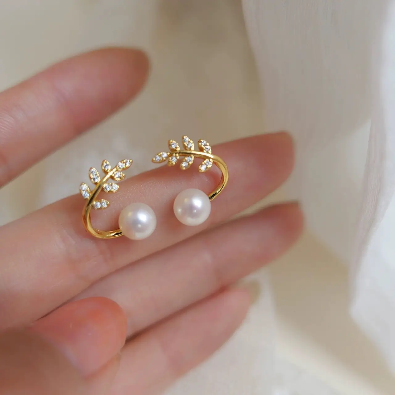 Gold Plated Pearl Leaf Ear Stud Earrings - Image 2