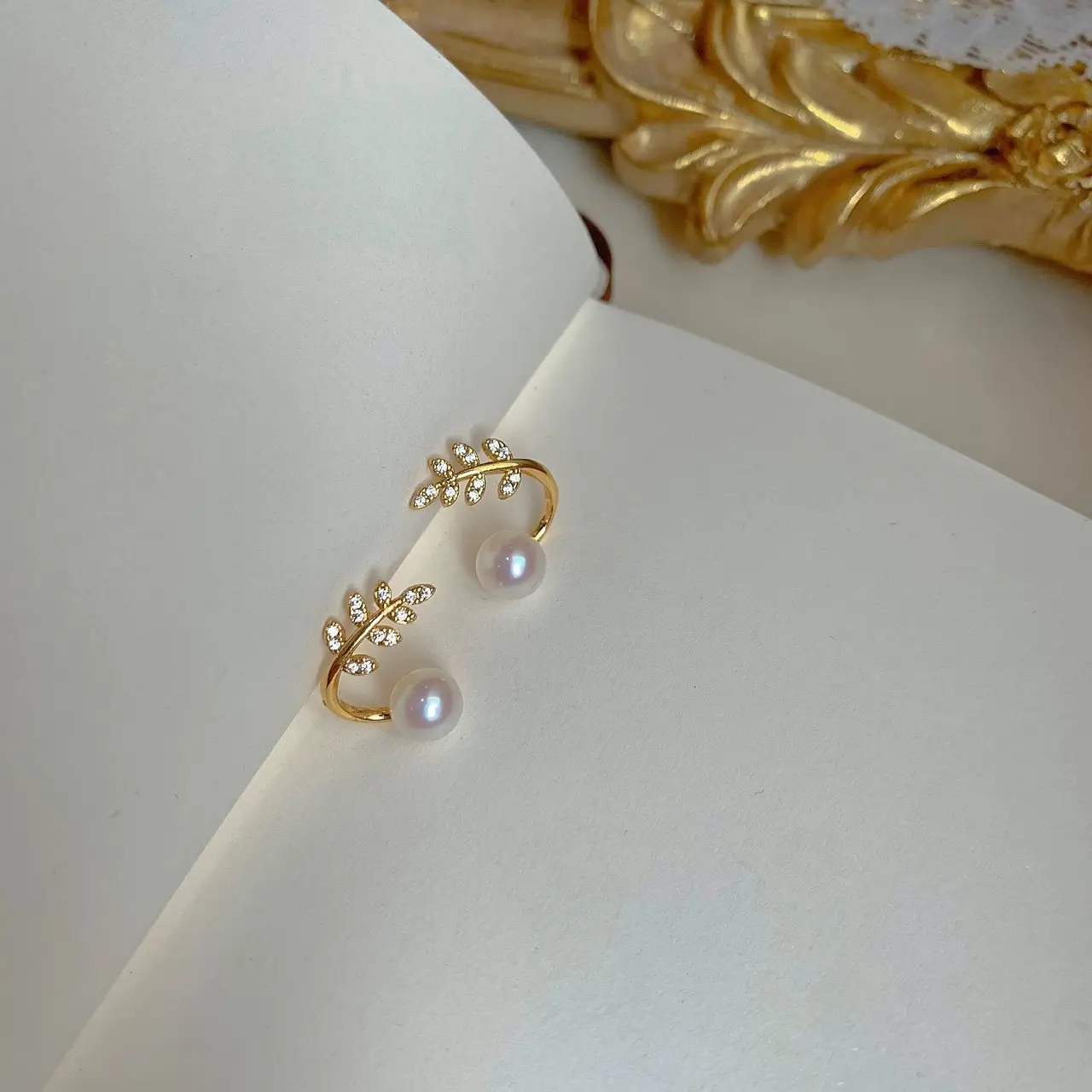 Gold Plated Pearl Leaf Ear Stud Earrings - Image 3