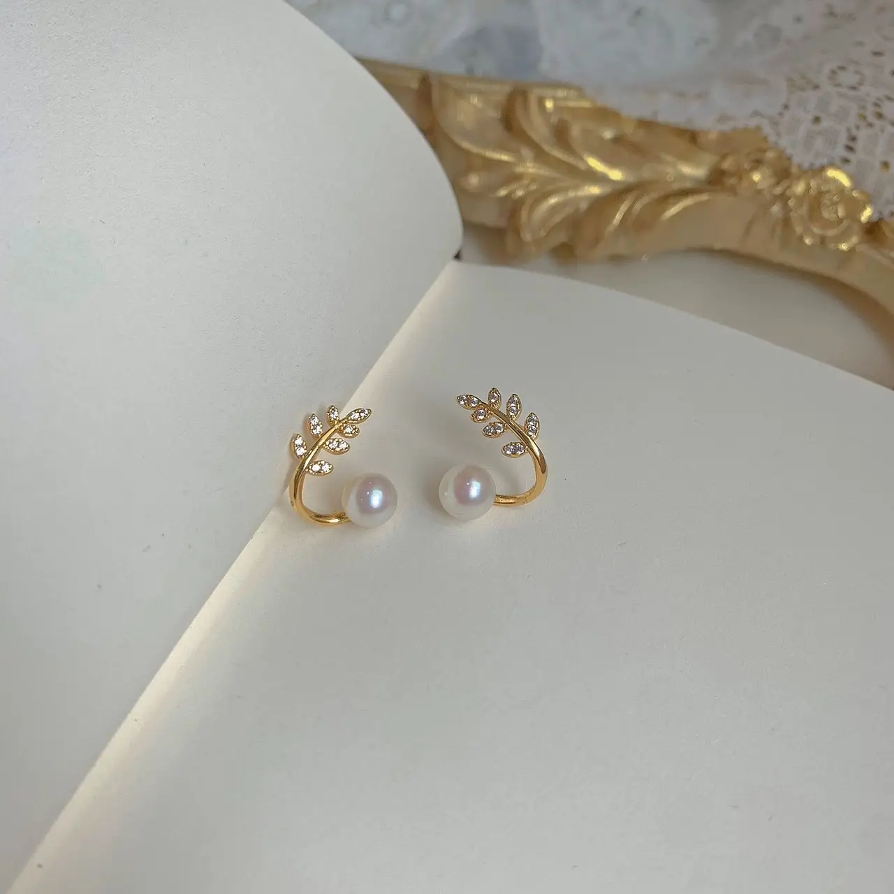 Gold Plated Pearl Leaf Ear Stud Earrings - Image 4