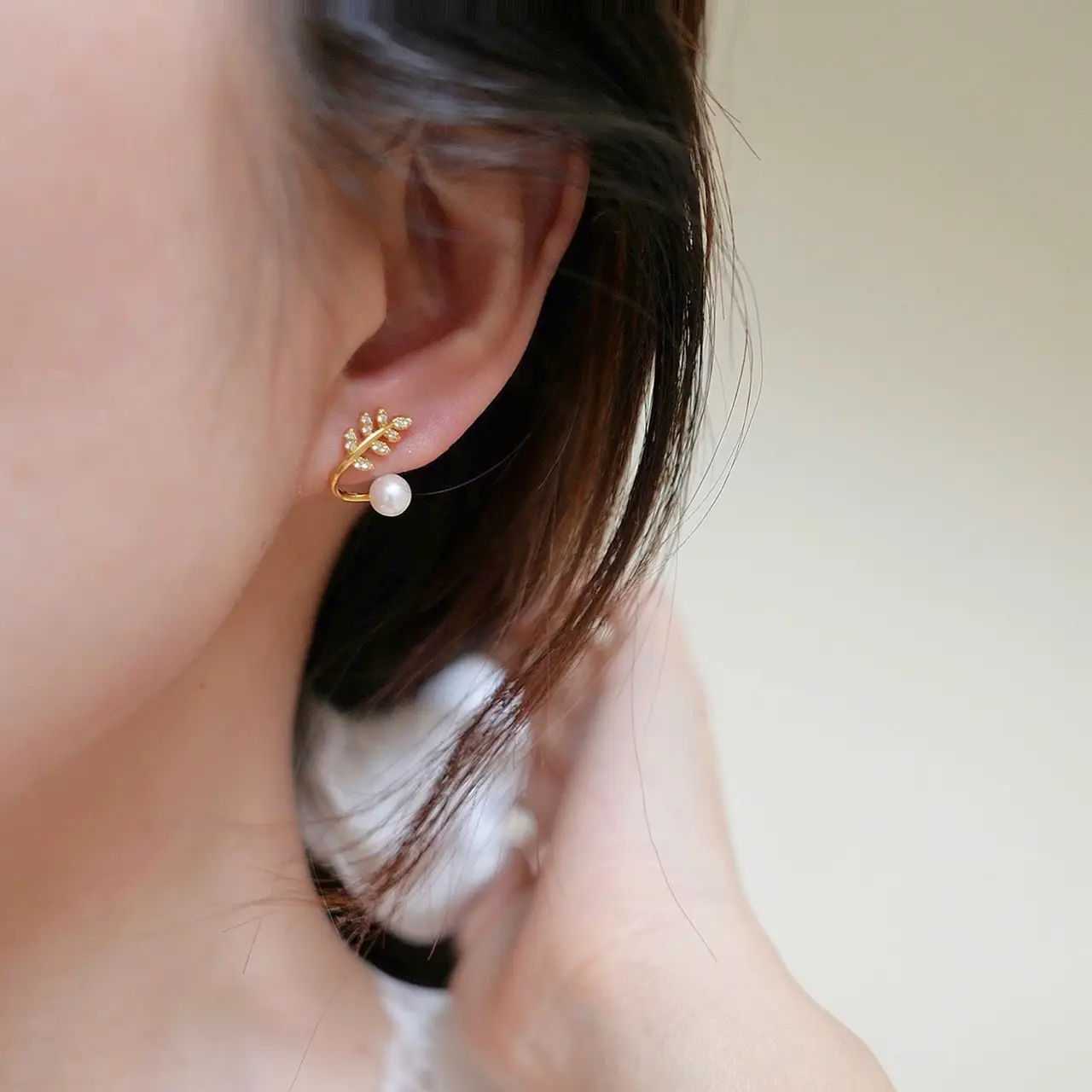 Gold Plated Pearl Leaf Ear Stud Earrings - Image 5