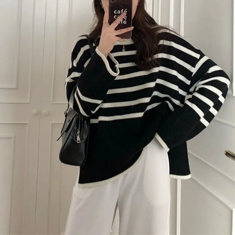 Women's Black White Striped Korean Style Sweater - Image 4