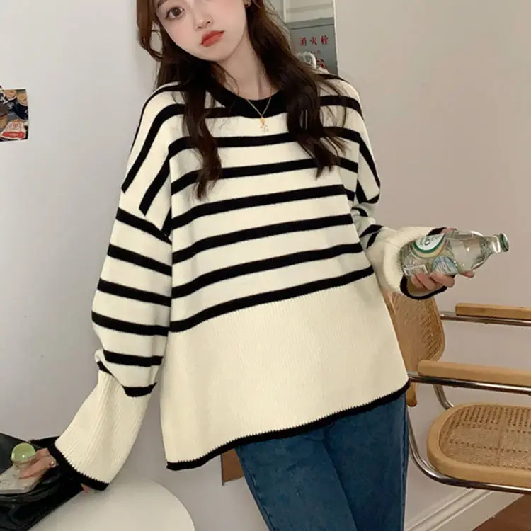 Women's Black White Striped Korean Style Sweater - Image 6