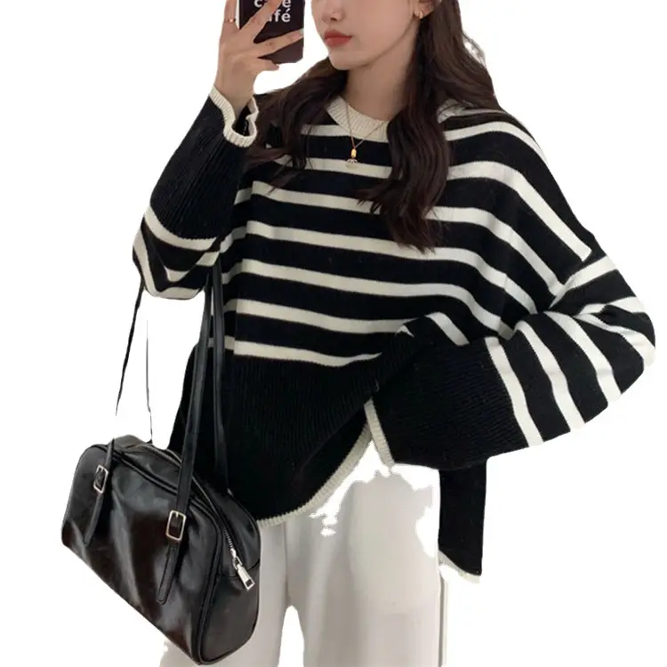 Women's Black White Striped Korean Style Sweater - Image 7