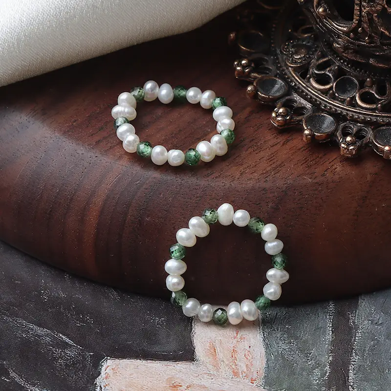Natural Freshwater Pearl Bracelet Set Green Crystal Stretch - Image 5