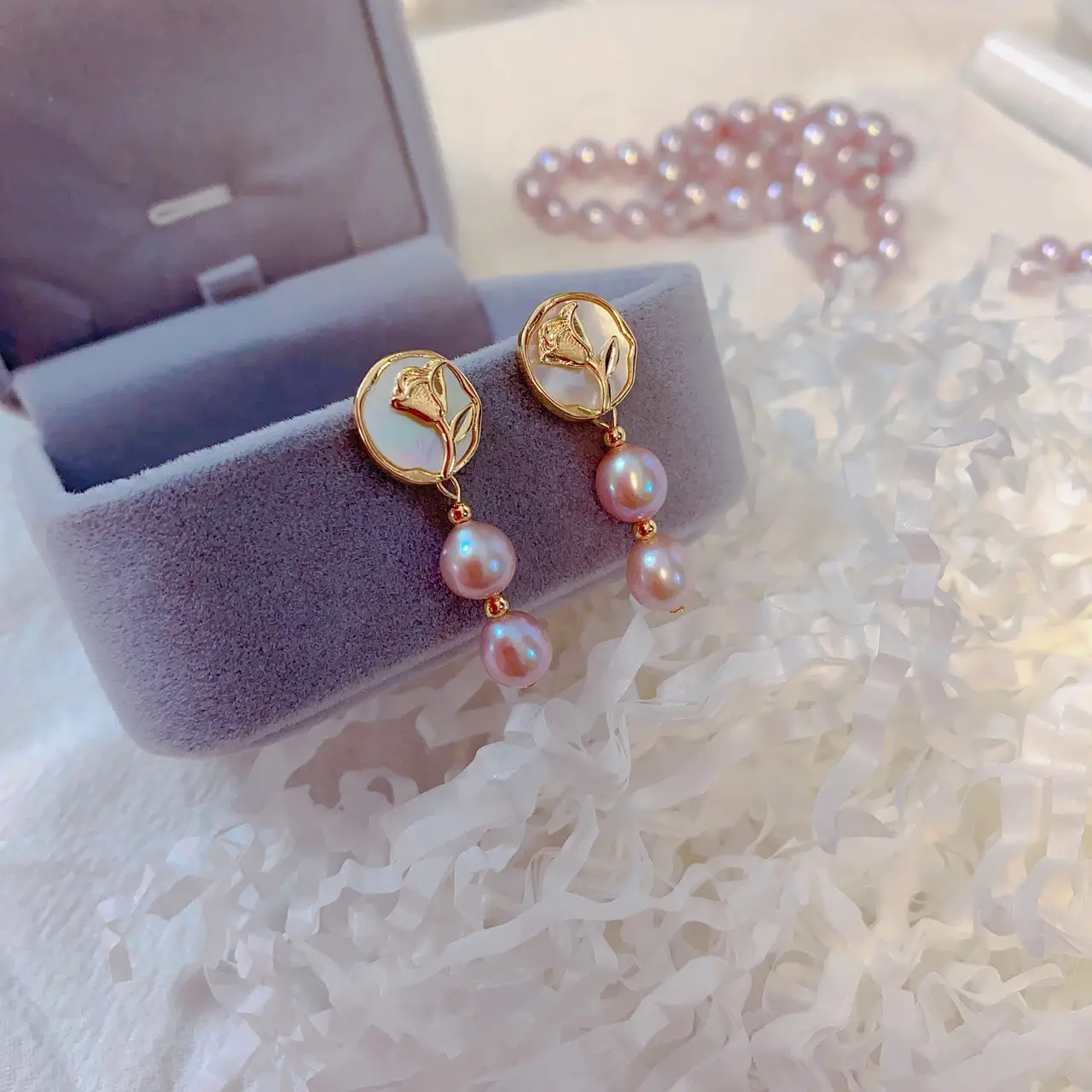 Gentle Purple Pearl Ear Stud Earrings S925 Silver - Image 2