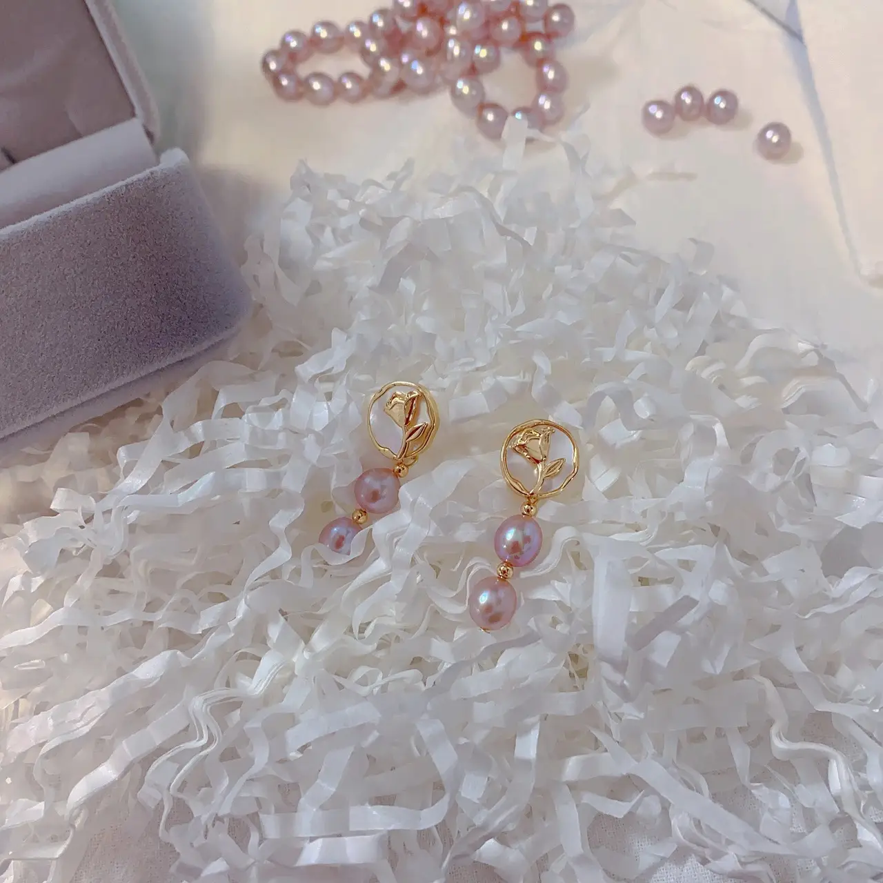 Gentle Purple Pearl Ear Stud Earrings S925 Silver - Image 5