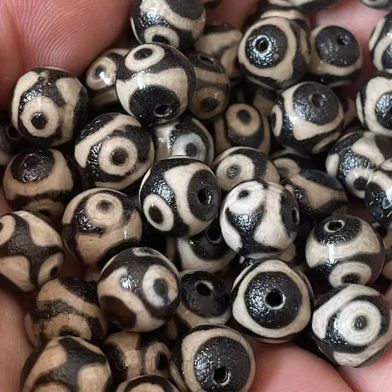 Natural Agate Jade 10mm Beads Black White Three Eyes Design - Image 2