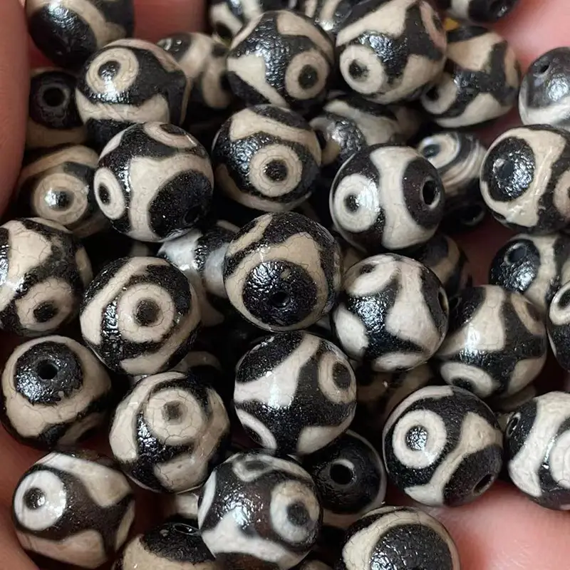 Natural Agate Jade 10mm Beads Black White Three Eyes Design - Image 3