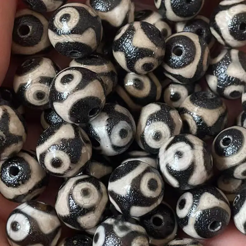 Natural Agate Jade 10mm Beads Black White Three Eyes Design - Image 4