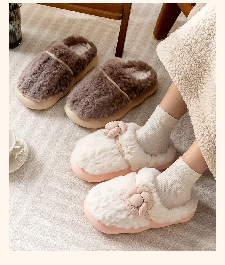 Nanbowan cotton slippers women's winter indoor home warm plush small flower couple EVA thick bottom closed toe slippers men — feature 11