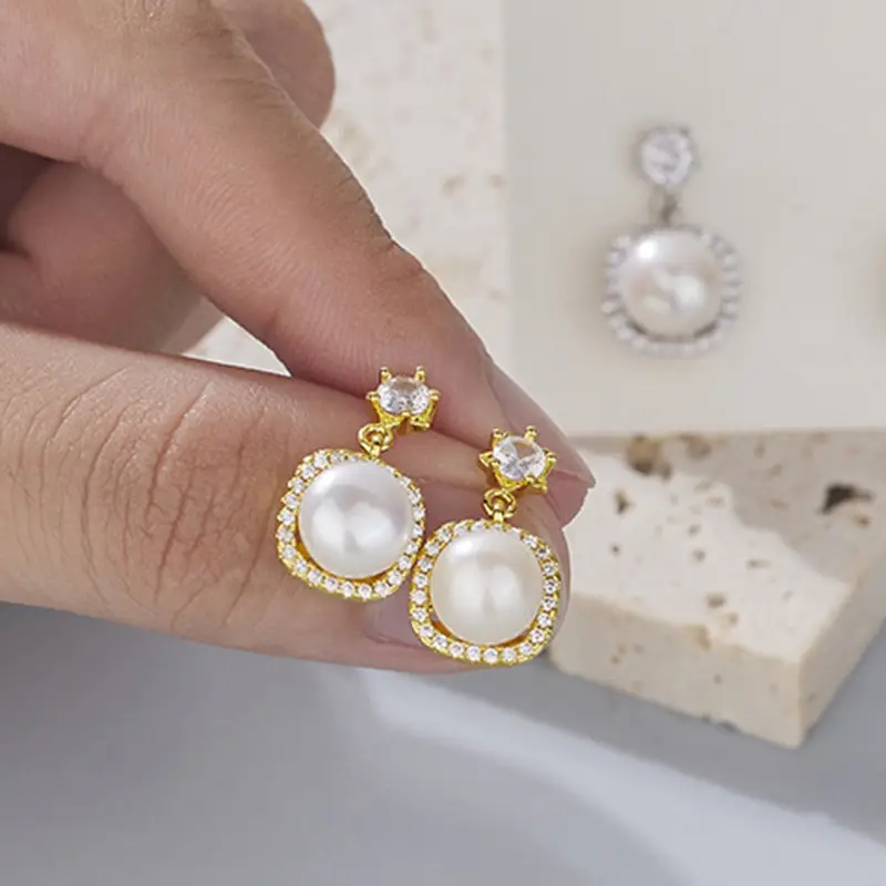 Square Diamond Freshwater Pearl Earrings for Women